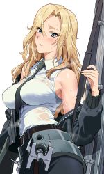 Rule 34 | 1girl, absurdres, belt, between breasts, black belt, black jacket, blonde hair, blue eyes, blush, bomber jacket, breasts, commentary request, weapon case, hair between eyes, highres, holding, hornet (kancolle), ishii takamori, jacket, kantai collection, large breasts, long hair, necktie, necktie between breasts, off shoulder, parted lips, pencil skirt, see-through, shirt, simple background, skirt, sleeveless, sleeveless shirt, solo, steam, sweat, white background, white shirt