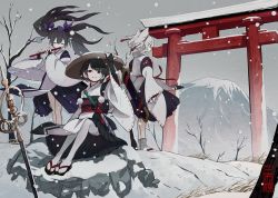 Rule 34 | 3girls, animal ears, architecture, black hair, black skirt, brown headwear, commentary request, east asian architecture, closed eyes, fami (yellow skies), flute, geta, grin, hat, himekaidou hatate, instrument, inubashiri momiji, kourindou tengu costume, long hair, long sleeves, looking afar, looking at viewer, mountain, multiple girls, music, official alternate costume, overcast, planted, planted sword, planted weapon, playing instrument, pleated skirt, profile, purple headwear, red eyes, red headwear, shameimaru aya, sheath, sheathed, short hair, sitting, skirt, sky, smile, snowing, socks, standing, sword, tassel, thighhighs, tokin hat, touhou, twintails, weapon, white hair, white legwear, wide sleeves, wolf ears