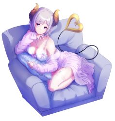 Rule 34 | 1girl, absurdres, armchair, blush, bow, bow bra, bra, breasts, brown horns, chair, cleavage, closed mouth, coat, coat partially removed, commentary request, demon girl, demon horns, demon tail, full body, garter straps, hand on own chin, highres, horns, konekoneko (konekopi), large breasts, long sleeves, looking at viewer, medium bangs, nanashi inc., pillow, pink bow, pink thighhighs, purple coat, purple eyes, purple hair, saionji mary, short hair, simple background, sitting sideways, smile, solo, tail, thighhighs, transparent background, underwear, virtual youtuber, white bra