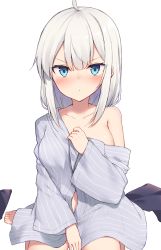 Rule 34 | 1girl, ahoge, blue eyes, blush, breasts, collarbone, eyes visible through hair, hand up, highres, kizuna akari, long hair, long sleeves, looking at viewer, medium breasts, navel, silver hair, simple background, single bare shoulder, sitting, solo, striped, tsurime, v-shaped eyebrows, vocaloid, voiceroid, white background, wide sleeves, yukarite