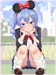 1girl absurdres animal_ears aresiasitennou black_jacket blazer blue_eyes blue_hair bow bowtie brown_footwear collared_shirt fake_animal_ears grin highres hololive hoshimachi_suisei jacket loafers long_hair long_sleeves looking_at_viewer loose_socks mouse_ears open_clothes open_jacket panties pantyshot plaid_bow plaid_bowtie plaid_clothes plaid_skirt pleated_skirt red_bow red_bowtie school_uniform shirt shoes side_ponytail skirt smile socks solo squatting star_(symbol) star_in_eye symbol_in_eye teeth underwear virtual_youtuber white_panties white_shirt white_socks