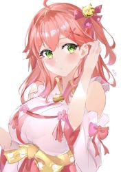 Rule 34 | 1girl, 7give, adjusting hair, ahoge, bad id, bad twitter id, bare shoulders, bell, blush, breasts, green eyes, hair bell, hair ornament, hairclip, highres, hololive, large breasts, long hair, looking at viewer, medium breasts, paw print, paw print pattern, pink hair, sakura miko, sakura miko (1st costume), solo, upper body, virtual youtuber, white background