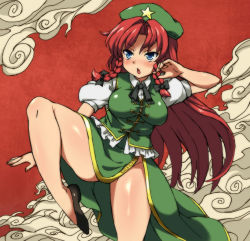 Rule 34 | 1girl, bare legs, beret, blue eyes, braid, breasts, chinese clothes, female focus, fighting stance, hat, hong meiling, large breasts, leg up, legs, long hair, no panties, open mouth, red hair, sama samasa, side slit, solo, star (symbol), thick thighs, thighs, touhou, twin braids, very long hair