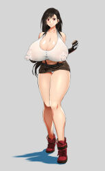 Rule 34 | 1girl, ahemaru, bare legs, black hair, breasts, cleavage, covered erect nipples, curvy, earrings, final fantasy, henriiku (ahemaru), highres, huge areolae, huge breasts, huge nipples, jewelry, long hair, looking at viewer, miniskirt, navel, covered erect nipples, panties, pencil skirt, puffy areolae, puffy nipples, red eyes, see-through, shiny skin, shoes, simple background, skirt, smile, solo, standing, tank top, thick thighs, thighs, tifa lockhart, underwear, white panties, white tank top, wide hips