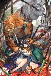 Rule 34 | 1boy, 1girl, animal, animal ears, arm belt, bamboo, belt, black belt, black footwear, black hair, breasts, cleavage, commentary, full body, furry, furry male, green eyes, highres, holding, holding sword, holding weapon, japanese clothes, katana, kimono, lack, large breasts, long hair, long sleeves, looking at viewer, multicolored hair, nengajou, new year, original, outdoors, parted lips, planted, planted sword, planted weapon, purple hair, sandals, sash, sheath, sheathed, sidelocks, standing, streaked hair, sword, tail, tiger, tiger boy, tiger ears, tiger girl, tiger tail, weapon, white kimono, white tiger, wide sleeves, wooden floor