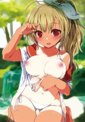 Rule 34 | 1girl, :d, ahoge, bare legs, bare shoulders, barefoot, bikini, blurry, blurry background, blush, bokeh, breasts, brown hair, collarbone, cropped, day, dengeki moeou, depth of field, fang, fingernails, gluteal fold, hair ribbon, hand to head, highres, kamiyoshi rika, kneeling, large breasts, long hair, looking at viewer, nipples, non-web source, off shoulder, one-piece tan, open clothes, open mouth, open shirt, original, outdoors, ponytail, red eyes, red sailor collar, ribbon, sailor collar, scan, school uniform, shirt, short sleeves, side-tie bikini bottom, sleeve cuffs, smile, solo, string bikini, swimsuit, tan, tanline, thigh gap, tree, untied bikini, water drop, wet, wet clothes, wet hair, wet shirt, white bikini, white ribbon, white shirt