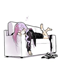 Rule 34 | #compass, 10s, 1girl, asymmetrical hair, bad id, bad twitter id, barefoot, commentary request, couch, dress, drill hair, closed eyes, hair flowing over, head on arm, heart, highres, legs, legs up, light purple hair, long hair, lying, marking on cheek, megumegu, multicolored hair, no shoes, on couch, on stomach, parted lips, pink hair, poaro, simple background, single drill, sleeping, sleepy, solo, sweater, sweater dress, thick outlines, unworn thighhighs, two-tone hair, white background