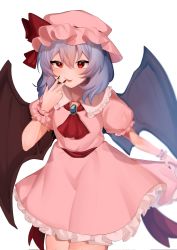 Rule 34 | 1girl, ascot, bat wings, black nails, blurry, brooch, depth of field, dress, hat, highres, jewelry, licking, licking finger, looking at viewer, majime joe, mob cap, nail polish, pink dress, red eyes, remilia scarlet, solo, touhou, wings
