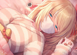 Rule 34 | 1girl, akai haato, blue eyes, blush, breasts, commentary request, haaton (akai haato), half-closed eyes, hand up, heart, highres, hololive, large breasts, light particles, long hair, long sleeves, looking at viewer, lying, magowasabi, mask, mouth mask, nail polish, on back, red nails, sleeves past wrists, solo, spoken squiggle, squiggle, striped clothes, striped sweater, sweat, sweater, upper body, virtual youtuber, zipper pull tab