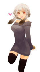Rule 34 | 1girl, animal ears, arms behind back, bare shoulders, black thighhighs, blush, brown eyes, chocolate, dress, h (158cm), heart, highres, mimi (h 158cm), navel, no pants, open mouth, original, rabbit ears, red eyes, short hair, smile, solo, standing, standing on one leg, sweater, sweater dress, teeth, thighhighs, valentine, white hair, zettai ryouiki