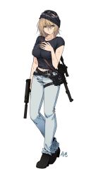 Rule 34 | 1girl, belt, between breasts, black shirt, blonde hair, blue eyes, breasts, denim, full body, gun, hand on own chest, holster, jeans, large breasts, looking back, mask, navel, original, pants, playerunknown&#039;s battlegrounds, rifle, shirt, solo, strap between breasts, sungwon, sweat, t-shirt, walking, weapon