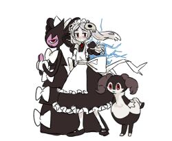 Rule 34 | 1girl, alternate color, apron, bloody marie (skullgirls), creatures (company), crossover, dress, energy, frilled apron, frilled dress, frills, game freak, gen 5 pokemon, gen 8 pokemon, gothitelle, grey hair, hair ornament, half-closed eyes, indeedee, indeedee (female), juliet sleeves, long sleeves, maid headdress, mary janes, nintendo, outstretched hand, pantyhose, pokemon, puffy sleeves, red eyes, shiny pokemon, shoes, skull hair ornament, skullgirls, standing, twintails, whiskome, white background
