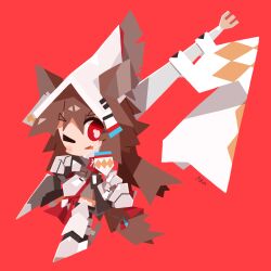 Rule 34 | absurdres, animal ears, arknights, armor, armored boots, blush, boots, brown hair, chibi, commentary, fang, flag, helmet, highres, holding, holding flag, horse ears, horse girl, horse tail, nuu (nu-nyu), one eye closed, open mouth, red background, red eyes, simple background, tail, wild mane (arknights)