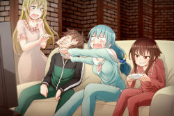 Rule 34 | &gt;:), 10s, 1boy, 3girls, aqua (konosuba), beads, blonde hair, blue eyes, blue hair, blue pants, blue shirt, blurry, blush, bow, breasts, brick wall, brown hair, collarbone, constricted pupils, contllenge, controller, couch, darkness (konosuba), depth of field, dress, frilled shirt collar, frilled sleeves, frills, game controller, green eyes, green pants, grin, hair beads, hair between eyes, hair ornament, hand up, holding, indoors, kono subarashii sekai ni shukufuku wo!, long hair, long sleeves, looking at another, looking away, looking down, low ponytail, medium breasts, megumin, motion blur, multiple girls, nightgown, off shoulder, open mouth, outstretched arms, pajamas, pants, pink bow, pink dress, playing games, ponytail, red eyes, red pants, red shirt, satou kazuma, shirt, short hair with long locks, short sleeves, sidelocks, sitting, smile, smirk, smug, sparkle, sweatdrop, television, track suit, v-shaped eyebrows, wavy mouth
