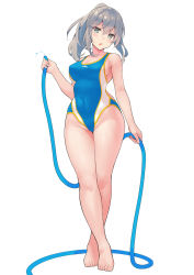 Rule 34 | 1girl, bad id, bad pixiv id, bare shoulders, barefoot, blue one-piece swimsuit, blush, breasts, cleavage, collarbone, competition swimsuit, full body, green eyes, grey hair, hair between eyes, highleg, highleg swimsuit, highres, hose, kekemotsu, large breasts, legs, long hair, looking at viewer, medium breasts, one-piece swimsuit, open mouth, original, ponytail, simple background, solo, standing, swimsuit, white background