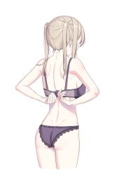 Rule 34 | 10s, 1girl, adjusting bra, adjusting clothes, ass, back, bad id, bad pixiv id, blonde hair, bra, braid, breasts, cnm, cropped legs, dressing, female focus, from behind, graf zeppelin (kancolle), kantai collection, lace, lace-trimmed bra, lace-trimmed panties, lace trim, long hair, panties, purple bra, purple panties, see-through, sidelocks, simple background, skin tight, solo, standing, twin braids, twintails, underwear, underwear only, white background