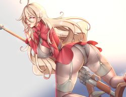 Rule 34 | 1girl, ass, blonde hair, blush, breasts, cameltoe, cleru (cleruuuuu), coat, from behind, girls&#039; frontline, gun, highres, huge ass, large breasts, leotard, long hair, looking at viewer, ptrd (girls&#039; frontline), red eyes, shiny clothes, shiny skin, sideboob, smile, solo, thighhighs, very long hair, weapon