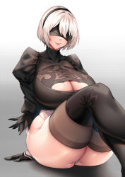 Rule 34 | 1girl, absurdres, android, black blindfold, black thighhighs, blindfold, blush, boots, breasts, cleavage, gloves, highleg, highleg leotard, highres, huge breasts, juliet sleeves, leotard, long legs, long sleeves, looking at viewer, naidong (artist), nier, nier (series), nier:automata, plump, puffy sleeves, short hair, simple background, solo, thick thighs, thigh boots, thighhighs, thighs, white background, white gloves, white hair, white leotard, wide hips, 2b (nier:automata)