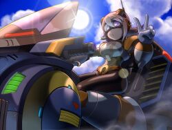 Rule 34 | 1girl, android, armor, belt, blue sky, blush stickers, bodysuit, boots, breasts, cloud, commentary request, day, glint, gloves, hair between eyes, hand up, headset, lens flare, looking at viewer, medium breasts, mega man (series), mega man x: command mission, mega man x (series), motor vehicle, motorcycle, multicolored hair, nana (mega man x: command mission), napo, on motorcycle, outdoors, pink hair, purple eyes, robot ears, short hair, sitting, sky, solo, sun, two-tone hair, v, white gloves, white hair