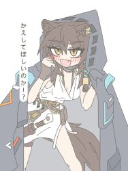 Rule 34 | 1girl, animal ear fluff, animal ears, arknights, belt, belt pouch, black jacket, blush, breasts, brown belt, brown hair, coat, collar, commentary request, dagger, dress, earrings, eyelashes, eyes visible through hair, fang, fingerless gloves, gloves, hair between eyes, hair ornament, highres, holding, holding clothes, jacket, jewelry, knife, lunacub (arknights), medium breasts, medium hair, open clothes, open jacket, open mouth, pouch, sheath, sheathed, simple background, single earring, sleeveless, sleeveless dress, solo, studded collar, tail, thigh strap, translated, weapon, white background, white dress, wolf ears, wolf girl, wolf tail, yellow eyes, ytheli