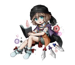 Rule 34 | 1other, androgynous, aqua eyes, black headwear, book, brown hair, cine hamal, commentary request, dagger, danmaku, green shorts, hair between eyes, highres, holding, holding book, invisible chair, knife, kuzu suzumi, len&#039;en, looking at viewer, open clothes, open mouth, open vest, orange vest, other focus, ribbon-trimmed shorts, ribbon-trimmed socks, ribbon trim, shirt, short hair, shorts, simple background, sitting, sleeveless, sleeveless shirt, smile, socks, solo, turban, vest, weapon, websci 3357, white background, white shirt, white socks