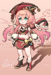 Rule 34 | 1girl, c:, chibi, commentary request, detached sleeves, dragon horns, full body, genshin impact, ginyou, green eyes, hair between eyes, hat, highres, horns, long hair, looking at viewer, midriff, navel, pink background, pink hair, scales, sidelocks, signature, smile, solo, standing, yanfei (genshin impact)