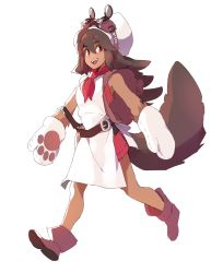 Rule 34 | 1girl, :d, absurdres, animal ears, animal hands, apron, azuumori, backpack, bag, boots, commentary, dress, english commentary, fangs, full body, gloves, goggles, goggles on headwear, hat, highres, long hair, looking at viewer, lucha (azuumori), mittens, neckerchief, open mouth, original, paw gloves, pelvic curtain, red dress, red eyes, red neckerchief, short dress, simple background, smile, solo, tail, walking, white apron, white background, white hat, wolf ears, wolf tail