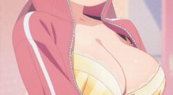 Rule 34 | 1girl, animated, animated gif, anime screenshot, bra, breast focus, breast press, breasts, cleavage, close-up, collarbone, inconvenient breasts, jacket, large breasts, long sleeves, lowres, murosaki miyo, onii-chan wa oshimai!, red jacket, striped bra, striped clothes, track jacket, underwear, yellow bra, zipper, zipper pull tab