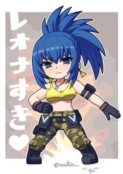 Rule 34 | 1girl, arm pouch, artist name, blue eyes, blue hair, boots, camouflage, camouflage pants, cargo pants, character name, chibi, combat boots, crop top, dog tags, earrings, full body, hida naria, jewelry, leona heidern, military, military uniform, mini person, pants, ponytail, soldier, tank top, the king of fighters, the king of fighters xv, triangle earrings, uniform, yellow tank top