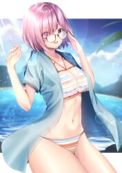 Rule 34 | 1girl, adjusting eyewear, asymmetrical bangs, bikini, blue jacket, breasts, cleavage, covered navel, fate/grand order, fate (series), glasses, hair over one eye, highres, jacket, large breasts, looking at viewer, mash kyrielight, mash kyrielight (swimsuit of perpetual summer ver.02), medium breasts, multicolored bikini, multicolored clothes, nagi aoi, navel, purple eyes, purple hair, see-through, short hair, short sleeves, sleeveless, sleeveless jacket, smile, solo, stomach, striped bikini, striped clothes, swimsuit, thick thighs, thighs, w arms