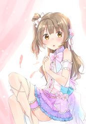 Rule 34 | 10s, 1girl, :o, arm garter, bow, brown hair, dress, feathers, flower, grey hair, hair bow, hair flower, hair ornament, hairpin, headset, highres, bridal garter, leg ribbon, long hair, looking at viewer, love live!, love live! school idol festival, love live! school idol project, minami kotori, one side up, own hands together, ribbon, sitting, solo, tatsuyoshi (zawahomura), wings, yellow eyes