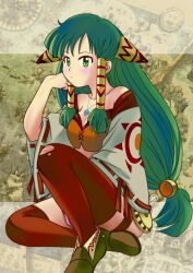 Rule 34 | 1girl, bare shoulders, breasts, closed mouth, collarbone, feena (grandia), full body, grandia, grandia i, green eyes, green hair, hair ornament, hair tubes, highres, jewelry, long hair, looking at viewer, low-tied long hair, map, medium breasts, midriff, necklace, okobore de shou, skirt, solo, thighhighs, wide sleeves