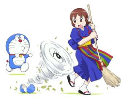 Rule 34 | 1girl, brown hair, character request, crossover, doraemon, doraemon (character), neck bell, open mouth, sandals, short hair, simple background, ueyama michirou, whiskers, white background, white legwear, zouri