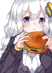 Rule 34 | 1girl, black jacket, blue eyes, commentary, eating, food, full mouth, hair ornament, burger, highres, holding, holding food, homumaru, jacket, kizuna akari, long hair, looking at viewer, sketch, upper body, v-shaped eyebrows, voiceroid, white background, white hair