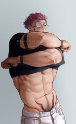 Rule 34 | 1boy, abs, arm tattoo, bara, black shirt, clothes lift, colored skin, earrings, eyepatch, facial tattoo, grey background, innaillus, jewelry, jujutsu kaisen, male focus, male pubic hair, mature male, muscular, muscular male, naughty face, navel, navel hair, pants, pink hair, pubic hair, red eyes, ryoumen sukuna (jujutsu kaisen), shirt, shirt lift, short hair, simple background, smile, solo, stomach tattoo, stud earrings, tattoo, thick arms, white pants, white skin