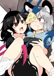 Rule 34 | 2girls, ahoge, animal ears, between breasts, black hair, black skirt, blush, grabbing another&#039;s breast, breasts, capelet, cheese, closed mouth, commentary request, drooling, fang, food, grabbing, grey hair, hair between eyes, houjuu nue, jewelry, lolimate, long sleeves, motion lines, mouse ears, multiple girls, nazrin, necklace, no nose, no shoes, nose blush, open mouth, red eyes, saliva, skirt, small breasts, socks, sweat, teasing, touhou, wavy mouth, white legwear