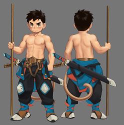Rule 34 | 1boy, abs, absurdres, bare arms, bare pectorals, bare shoulders, black hair, black pants, brown eyes, closed mouth, commentary, english commentary, fairwind, front to back, full body, grey background, highres, holding, holding weapon, katana, looking at viewer, male focus, monkey tail, muscular, muscular child, original, pants, pectorals, sheath, sheathed, short hair, simple background, solo, staff, sword, tail, topless male, weapon