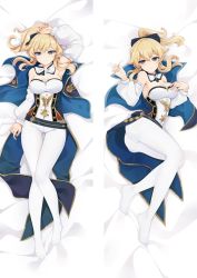 Rule 34 | 1girl, bed sheet, belt, blonde hair, blue bow, blue capelet, blush, bow, breasts, capelet, cleavage, corset, cross, cross earrings, crotch seam, dakimakura (medium), detached sleeves, earrings, gauntlets, genshin impact, gluteal fold, gold trim, hair bow, head tilt, jean (genshin impact), jewelry, large breasts, long hair, long sleeves, looking at viewer, lying, moeanime, multicolored capelet, on back, open mouth, pants, ponytail, puffy short sleeves, puffy sleeves, short sleeves, sidelocks, smile, solo, spread legs, strapless, tight clothes, tight pants, white pants