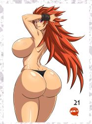Rule 34 | adjusting hair, ass, big hair, black panties, breasts, curvy, devil-v, happy, highres, huge ass, huge breasts, long hair, looking back, naughty face, panties, purple eyes, queen&#039;s blade, queen&#039;s blade lost worlds, red hair, risty (queen&#039;s blade), sideboob, thick thighs, thighs, thong, topless, underwear, wide hips
