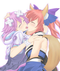 Rule 34 | 10s, 2girls, closed eyes, cpu (neptunia), crossover, d-pad, d-pad hair ornament, dress, fate/extra, fate (series), female focus, french kiss, hair ornament, hand on another&#039;s head, highres, hug, kiss, multiple girls, neptune (neptunia), neptune (series), pink hair, purple hair, red hair, servant (fate), short hair, simple background, sweat, tamamo (fate), tamamo no mae (fate/extra), tears, tongue, white background, yuri
