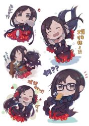 Rule 34 | 1boy, 1girl, :d, ^ ^, anger vein, bare shoulders, black-framed eyewear, black dress, black hair, blue dress, blush, book, chibi, closed eyes, colored shadow, dress, fang, fate/grand order, fate (series), fur trim, glasses, highres, holding, holding book, long hair, long sleeves, lying, multiple views, on side, open mouth, outstretched arms, parted lips, shadow, sleeves past wrists, smile, spread arms, strapless, strapless dress, striped clothes, striped dress, swept bangs, totatokeke, translation request, vertical-striped clothes, vertical-striped dress, very long hair, white background, wide sleeves, xiang yu (fate), yu mei-ren (fate)