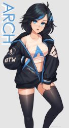 Rule 34 | 1girl, absurdres, arch linux, awan0918, bandaid, bandaid on face, bandaid on nose, black hair, black thighhighs, blue eyes, blush, breasts, feet out of frame, grey background, hair ornament, highres, hood, hoodie, large breasts, linux, looking at viewer, medium hair, navel, open mouth, os-tan, shorts, simple background, solo, thighhighs, tux