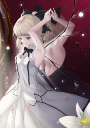 Rule 34 | 2girls, absurdres, arm up, armpits, artoria pendragon (all), artoria pendragon (fate), back-to-back, backless dress, backless outfit, black bow, black dress, black neckwear, bow, breasts, cleavage, detached collar, dress, fate/stay night, fate/unlimited codes, fate (series), flower, green eyes, hair bow, highres, long dress, looking down, multiple girls, nail polish, nekobell, pink nails, saber alter, saber lily, sleeveless, sleeveless dress, small breasts, strapless, strapless dress, white dress, white flower