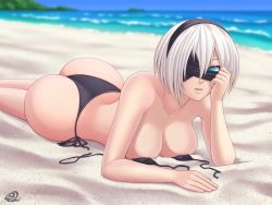 Rule 34 | 1girl, android, ass, bare shoulders, barefoot, beach, bikini, blindfold, blue eyes, breasts, curvy, highleg, highleg bikini, highleg swimsuit, huge ass, large breasts, looking at viewer, lying, nier (series), nier:automata, ocean, rocky-ace, sand, shiny skin, short hair, sky, solo, swimsuit, thong bikini, white hair, 2b (nier:automata)