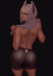 Rule 34 | 1girl, absurdres, animal ear fluff, animal ears, ass, ass focus, back, bad id, bad pixiv id, black background, boku no hero academia, cowboy shot, dark-skinned female, dark skin, eyes visible through hair, from behind, highres, holding, holding towel, long hair, looking at viewer, mirko, muscular, parted bangs, rabbit ears, rabbit tail, red eyes, shiny clothes, silver hair, simple background, skin tight, smirk, tail, tan, thighs, toned, towel, towel around neck, underwear, zaki (zaki btw)