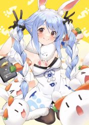 Rule 34 | &gt; &lt;, 1girl, :d, animal ear fluff, animal ears, black gloves, blue hair, braid, breasts, carrot, don-chan (usada pekora), double v, dress, food-themed hair ornament, gloves, hair ornament, hands up, highres, holding, holding own hair, hololive, joker (tomakin524), long hair, looking at viewer, multicolored hair, open mouth, pantyhose, pekomon (usada pekora), play button, rabbit ears, rabbit girl, seiza, sidelocks, sitting, small breasts, smile, solo, thick eyebrows, twin braids, twintails, two-tone hair, usada pekora, usada pekora (1st costume), v, very long hair, virtual youtuber, white dress, xd, yellow background, youtube creator award