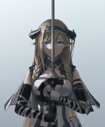 Rule 34 | 1girl, arknights, black gloves, blonde hair, blue eyes, braid, breasts, capelet, closed mouth, dress, fingerless gloves, gloves, hair between eyes, hairband, holding, holding sword, holding weapon, horns, long hair, looking at viewer, pointy ears, saileach (arknights), side braids, simple background, solo, sword, tsukira (amayadori), upper body, very long hair, weapon