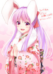 Rule 34 | 1girl, 2019, :d, alternate costume, alternate hairstyle, animal ears, artist name, bad id, bad pixiv id, blue sash, blush, commentary request, cowboy shot, floral print, fur collar, gradient background, hair ribbon, heart, highres, hisae (hisae collect), japanese clothes, kimono, long hair, long sleeves, looking at viewer, obi, open mouth, outline, own hands together, pink background, pink kimono, ponytail, purple hair, rabbit ears, red eyes, red ribbon, reisen udongein inaba, ribbon, sash, sidelocks, smile, solo, standing, touhou, translation request, twitter username, white background, white outline, wide sleeves