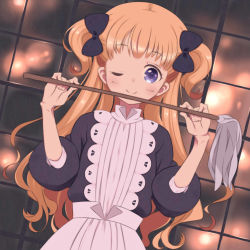 Rule 34 | 1girl, an apple akaao, apron, black bow, black dress, blonde hair, blush, bow, dress, duster, emilico (shadows house), facing viewer, grin, hair bow, holding, indoors, long hair, long sleeves, maid apron, one eye closed, puffy long sleeves, puffy sleeves, shadows house, smile, solo, standing, two side up, very long hair, white apron, window