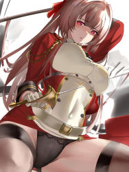 Rule 34 | 1girl, aiguillette, arm behind head, arm up, azur lane, black panties, bow, breasts, brown hair, brown thighhighs, buttons, double-breasted, from below, gloves, hair bow, highres, holding, holding sword, holding weapon, jacket, lace, lace-trimmed panties, lace trim, large breasts, long hair, looking away, military, military uniform, multicolored clothes, multicolored jacket, panties, pantyshot, penggan, rapier, red bow, red jacket, shaded face, sideways glance, simple background, solo, swiftsure (azur lane), sword, thighhighs, two-tone jacket, underwear, uniform, weapon, white background, white gloves, white jacket